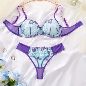 2pc Purple & Blue Floral Embroidered Mesh Underwire Bra & Thong Panties Set (M)